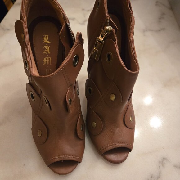 L.A.M.B. by Gwen Stefani "Joelle" Brown Leather Peep-Toe Booties - Picture 4 of 8